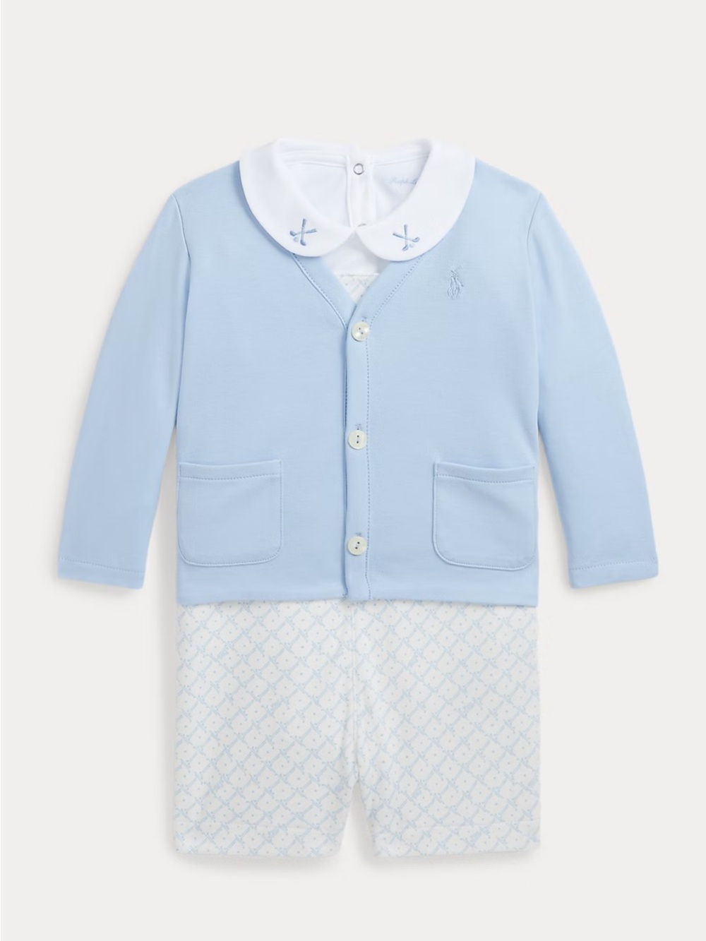 Ralph Lauren Baby 3-Piece Set 24M Blue White Cardigan Romper NWT Golf Cotton